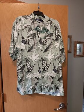 Consensus Sage Green and Black Tropical Print Button-Up Shirt